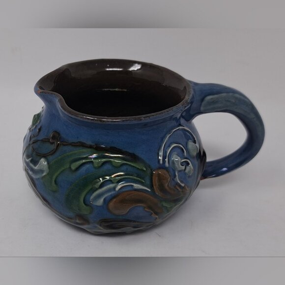 CH Brannam Barum Pottery Ceramic Mini Jug 1900 Dated Frog Fish Waves Blue 2.25" - Picture 2 of 16